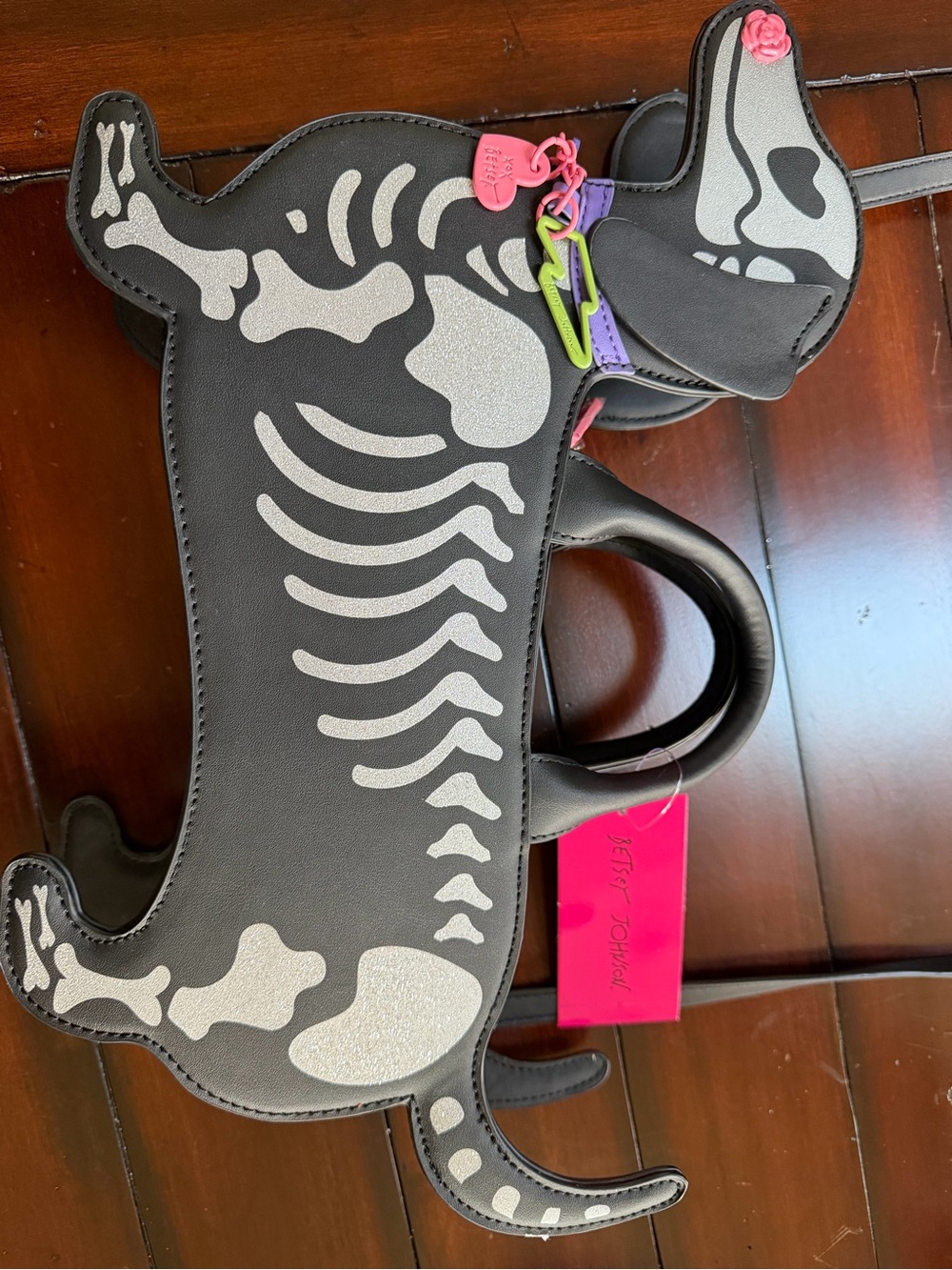 Betsey Johnson Black & Silver Skeleton Dachshund Purse with Colorful Charms